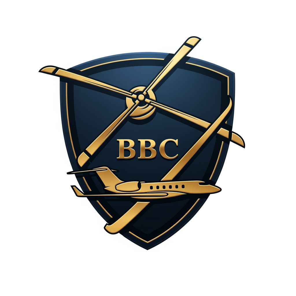 AI Design for Design a prestigious aviation logo for BBC Bharat Blade Charters featuring a luxury shield emblem. Integrate rotor blades, private jet silhouette, and BBC initials into one cohesive mark. Deep navy blue, gold metallic accents, premium aviation aesthetics, executive charter company branding, modern luxury appearance, clean vector artwork, subtle 3D depth, elegant typography, corporate identity standards, highly professional and trustworthy.