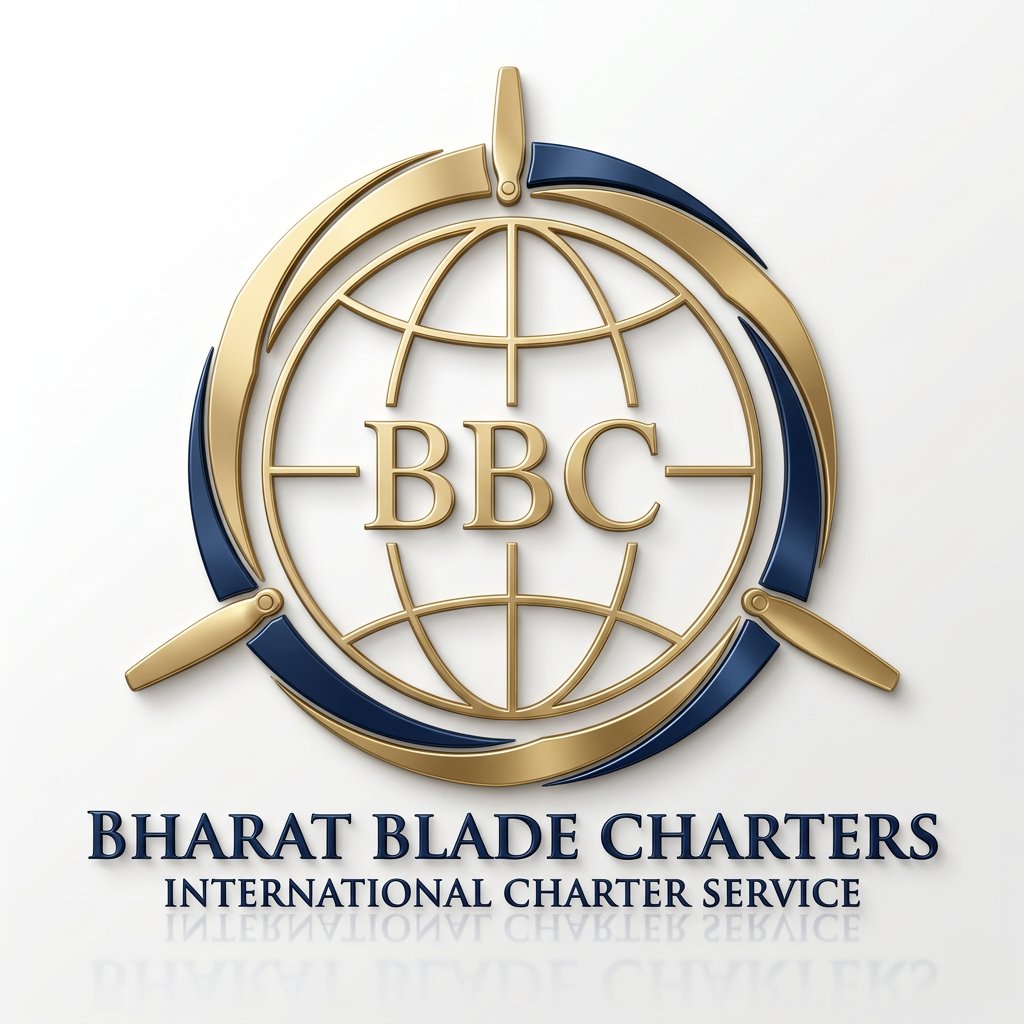AI Design for Design a luxury logo for BBC Bharat Blade Charters featuring a modern globe outline with three rotor blades forming a dynamic circular motion around it. Integrate the BBC initials into the center. Premium navy blue and gold metallic palette, sophisticated aviation branding, international charter service identity, clean vector style, 3D embossed effect, white background.
