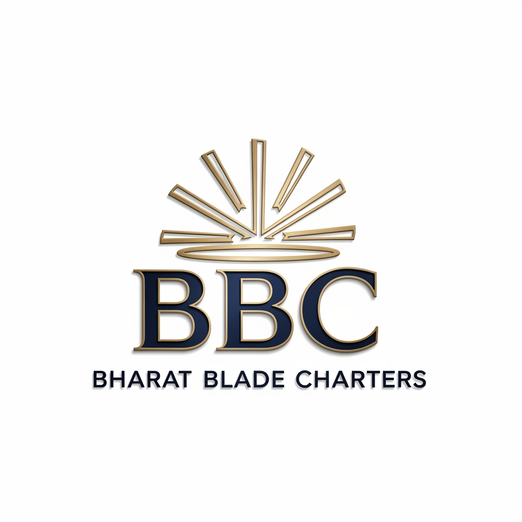 AI Design for Design a luxury corporate logo for BBC Bharat Blade Charters featuring a circular rotor-blade crown above a bold BBC monogram. The rotor blades form a subtle halo symbolizing leadership and aviation excellence. Deep navy blue and brushed metallic gold colors, elegant 3D metallic finish, clean vector lines, symmetrical design, premium charter aviation branding, modern sans-serif typography, white background, sophisticated and timeless.
