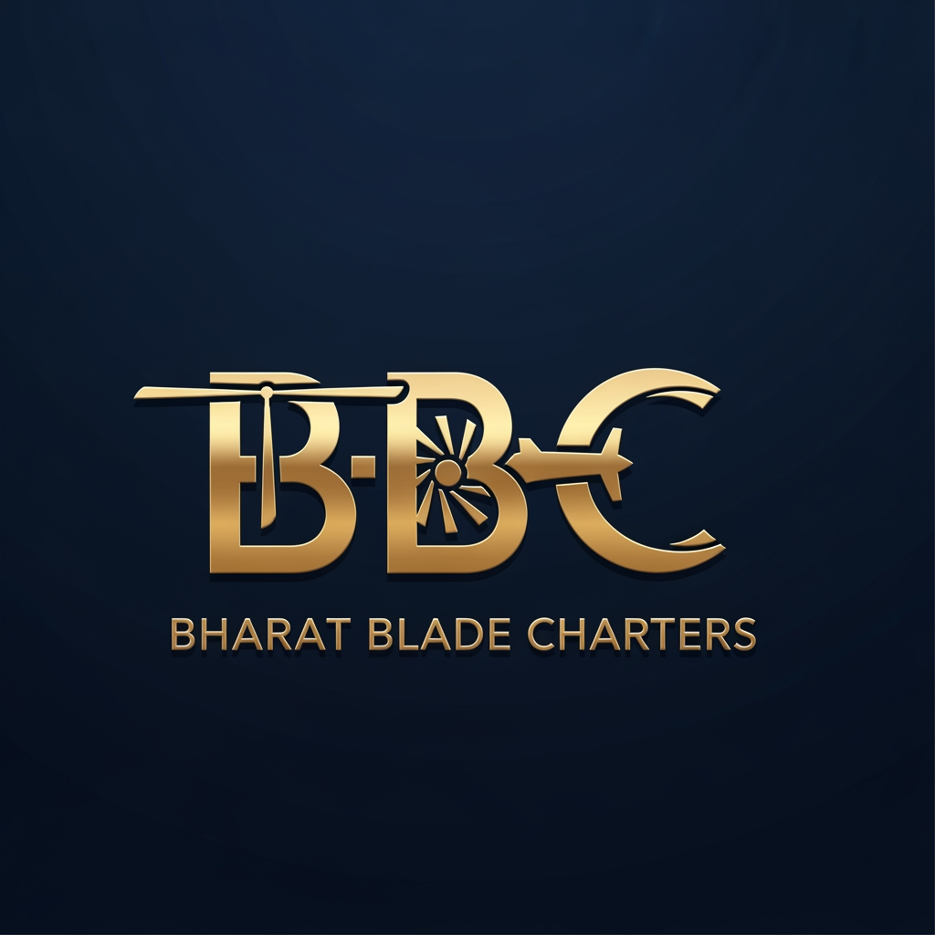 AI Design for Create a premium BBC monogram logo for Bharat Blade Charters. The letters B-B-C should form a unique aviation symbol using helicopter rotor blades, turbine elements, and jet wing shapes. Luxury corporate branding style, metallic gold emblem on navy blue background, subtle 3D embossing, glossy finish, strong geometric construction, minimal design, highly memorable and recognizable. Professional aviation industry logo, suitable for helicopter tails, private jets, uniforms, signage, and digital branding.