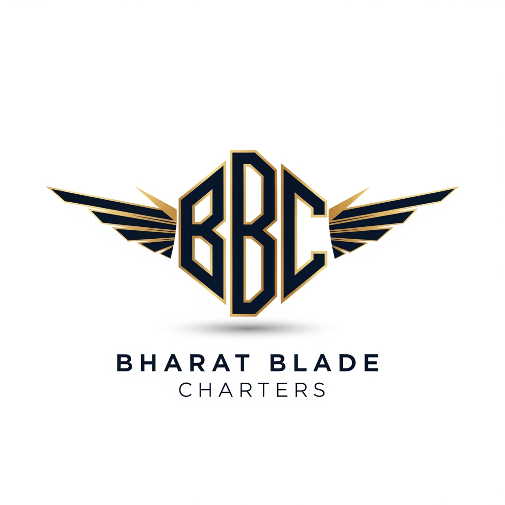 AI Design for Create a premium aviation logo where the letters BBC are fused into a single geometric monogram. Stylized jet wings extend from both sides of the monogram, creating a sense of speed and luxury. Navy blue, metallic gold, subtle shadows, minimalist design, corporate identity, high-end private aviation company branding, sharp vector artwork, elegant typography below reading "Bharat Blade Charters".