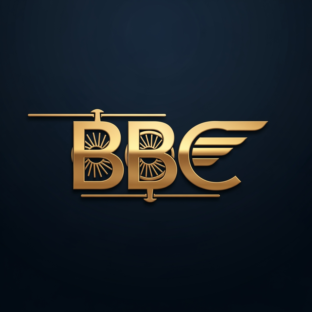 AI Design for Create a premium BBC monogram logo for Bharat Blade Charters. The letters B-B-C should form a unique aviation symbol using helicopter rotor blades, turbine elements, and jet wing shapes. Luxury corporate branding style, metallic gold emblem on navy blue background, subtle 3D embossing, glossy finish, strong geometric construction, minimal design, highly memorable and recognizable. Professional aviation industry logo, suitable for helicopter tails, private jets, uniforms, signage, and digital branding.
