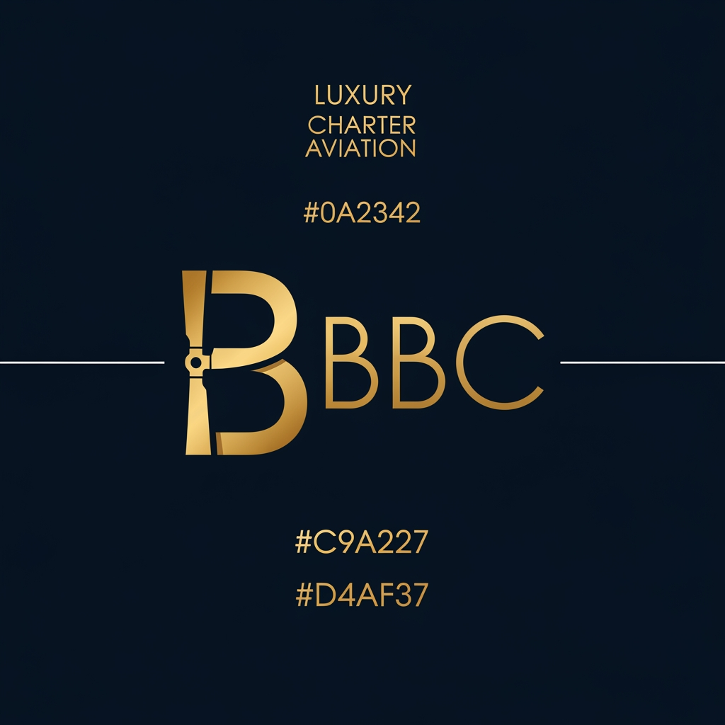 AI Design for Create an ultra-minimal aviation logo featuring a single golden rotor blade abstractly forming the letter B. The remaining BBC letters are crafted in a clean geometric style. Navy blue and gold color scheme, flat vector design, luxury charter aviation branding, elegant typography, suitable for aircraft, uniforms, and digital branding.
Color Palette
Navy Blue: #0A2342
Midnight Blue: #102A56
Metallic Gold: #D4AF37
Rich Gold: #C9A227
White: #FFFFFF