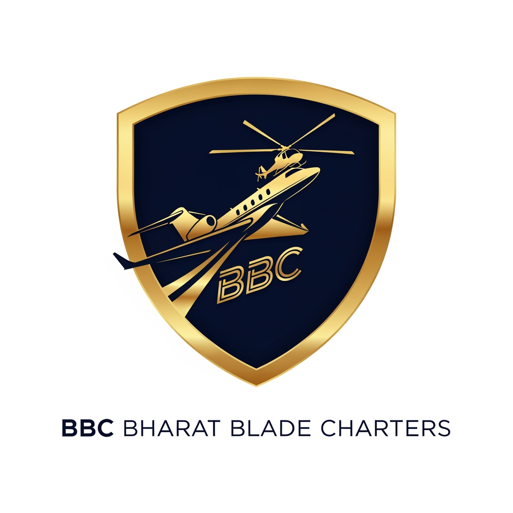 AI Design for Design a prestigious aviation logo for BBC Bharat Blade Charters featuring a luxury shield emblem. Integrate rotor blades, private jet silhouette, and BBC initials into one cohesive mark. Deep navy blue, gold metallic accents, premium aviation aesthetics, executive charter company branding, modern luxury appearance, clean vector artwork, subtle 3D depth, elegant typography, corporate identity standards, highly professional and trustworthy.