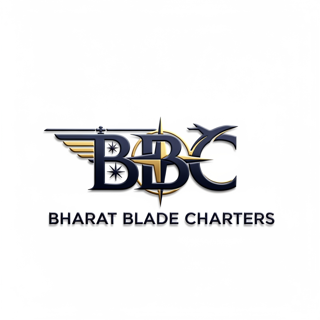 AI Design for Design a world-class luxury aviation logo for "BBC – Bharat Blade Charters", a premium helicopter and private jet charter company. Create a sophisticated emblem where the letters BBC are seamlessly integrated with helicopter rotor blades, jet wings, and subtle aviation-inspired geometry. The logo should convey speed, precision, safety, trust, innovation, and luxury. Use a deep navy blue and metallic gold color palette with a premium 3D metallic finish. Clean vector design, sharp edges, balanced symmetry, modern corporate branding, minimal yet powerful. Include the full company name "Bharat Blade Charters" beneath the emblem in an elegant sans-serif font. Suitable for aircraft livery, uniforms, websites, business cards, hangars, and luxury branding. Ultra-professional, Fortune 500 quality, high-end aviation identity, white background, realistic lighting, award-winning logo design.