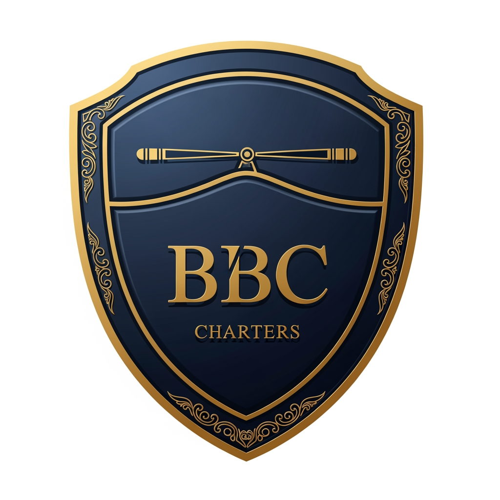 AI Design for Design an executive shield logo for BBC Bharat Blade Charters. The shield contains a stylized rotor blade at the top and elegant BBC initials in the center. Luxury gold detailing on deep navy blue, subtle 3D depth, premium charter aviation identity, trustworthy and prestigious appearance, clean vector design suitable for aircraft tails and uniforms.