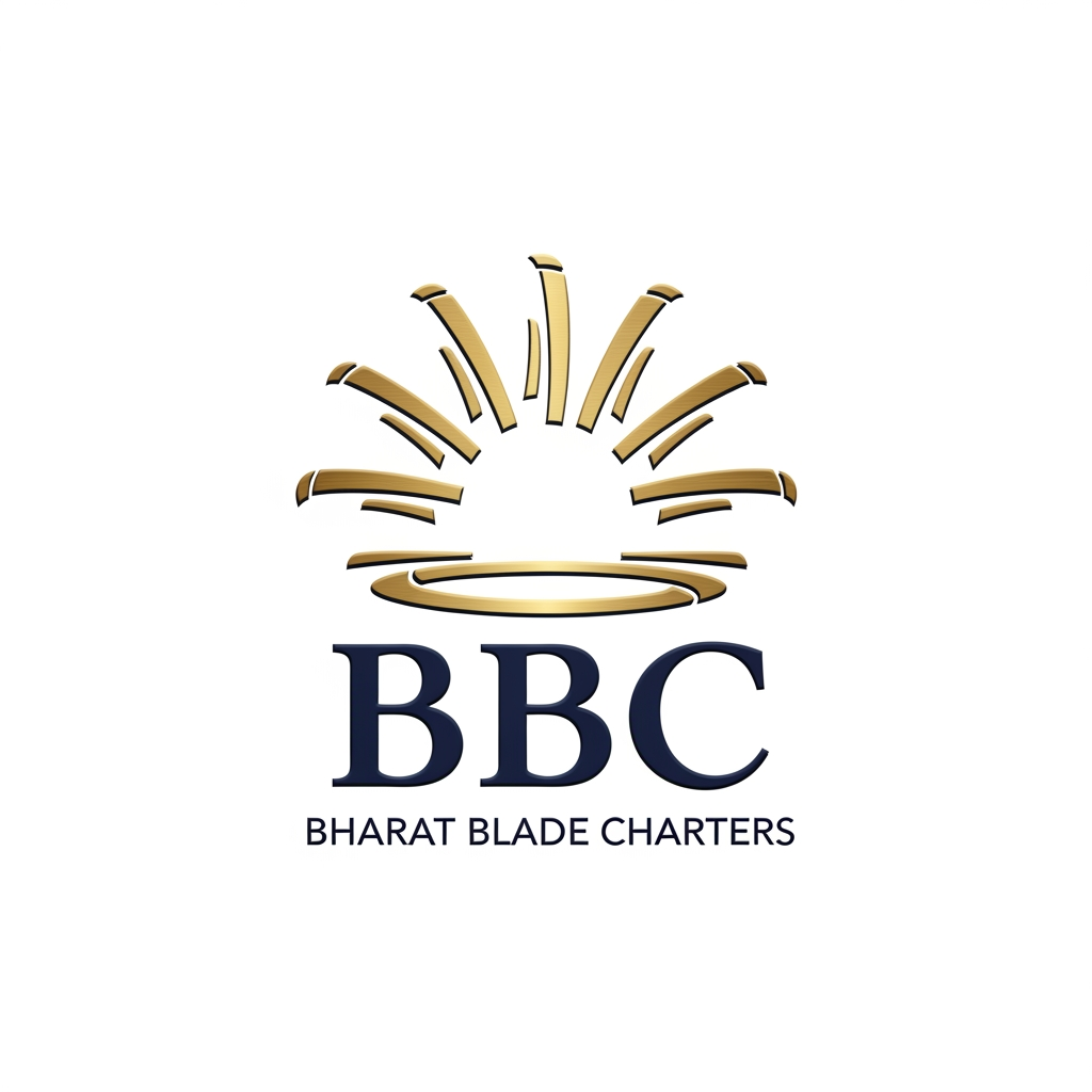 AI Design for Design a luxury corporate logo for BBC Bharat Blade Charters featuring a circular rotor-blade crown above a bold BBC monogram. The rotor blades form a subtle halo symbolizing leadership and aviation excellence. Deep navy blue and brushed metallic gold colors, elegant 3D metallic finish, clean vector lines, symmetrical design, premium charter aviation branding, modern sans-serif typography, white background, sophisticated and timeless.