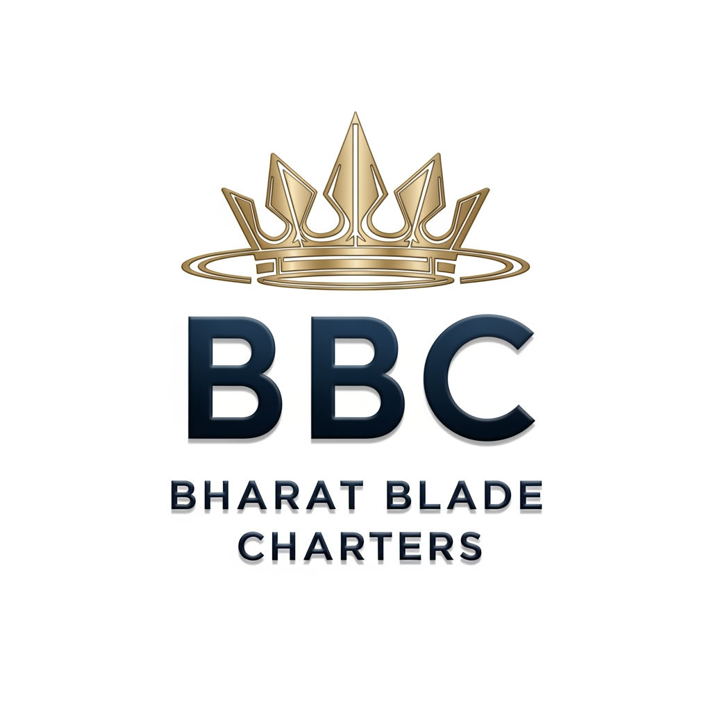 AI Design for Design a luxury corporate logo for BBC Bharat Blade Charters featuring a circular rotor-blade crown above a bold BBC monogram. The rotor blades form a subtle halo symbolizing leadership and aviation excellence. Deep navy blue and brushed metallic gold colors, elegant 3D metallic finish, clean vector lines, symmetrical design, premium charter aviation branding, modern sans-serif typography, white background, sophisticated and timeless.