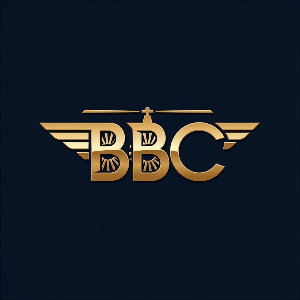 AI Design for Create a premium BBC monogram logo for Bharat Blade Charters. The letters B-B-C should form a unique aviation symbol using helicopter rotor blades, turbine elements, and jet wing shapes. Luxury corporate branding style, metallic gold emblem on navy blue background, subtle 3D embossing, glossy finish, strong geometric construction, minimal design, highly memorable and recognizable. Professional aviation industry logo, suitable for helicopter tails, private jets, uniforms, signage, and digital branding.