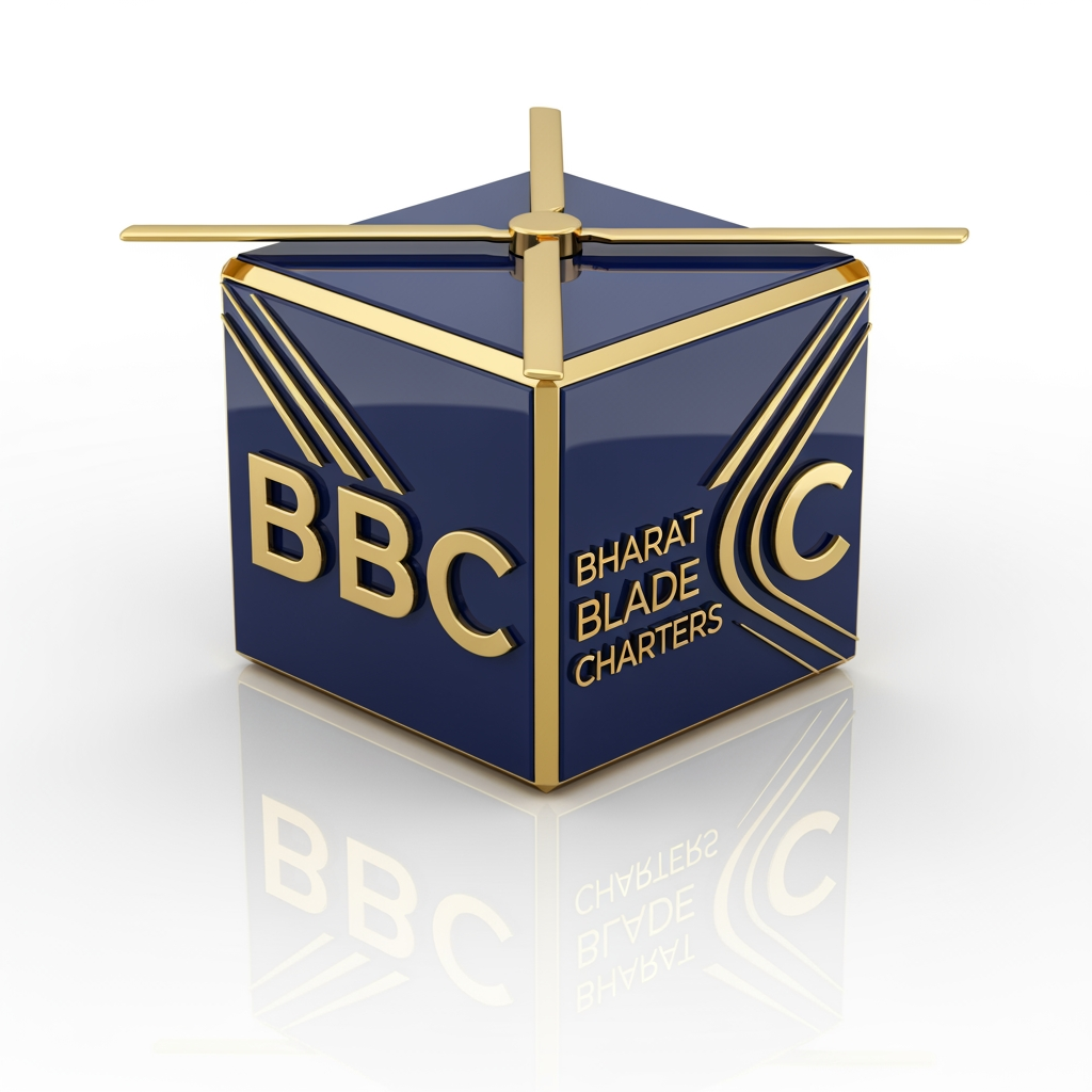 AI Design for Design a luxury 3D cube logo for BBC Bharat Blade Charters. The cube is navy blue with metallic gold edges. The letters BBC are integrated into different faces of the cube, while a rotor blade forms the top face and sleek jet-wing lines wrap around the sides. Glossy finish, realistic reflections, premium aviation branding, Fortune 500 quality, white background.
