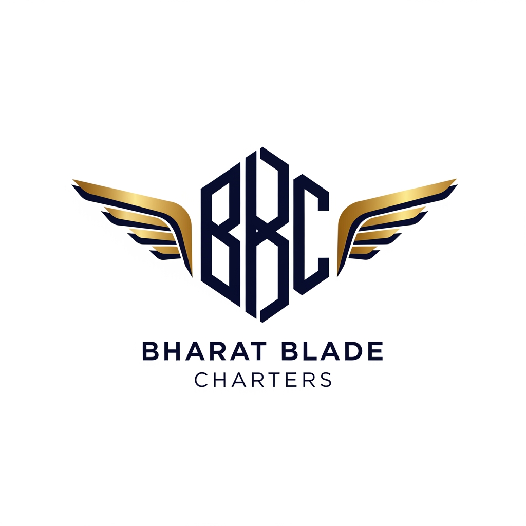 AI Design for Create a premium aviation logo where the letters BBC are fused into a single geometric monogram. Stylized jet wings extend from both sides of the monogram, creating a sense of speed and luxury. Navy blue, metallic gold, subtle shadows, minimalist design, corporate identity, high-end private aviation company branding, sharp vector artwork, elegant typography below reading "Bharat Blade Charters".