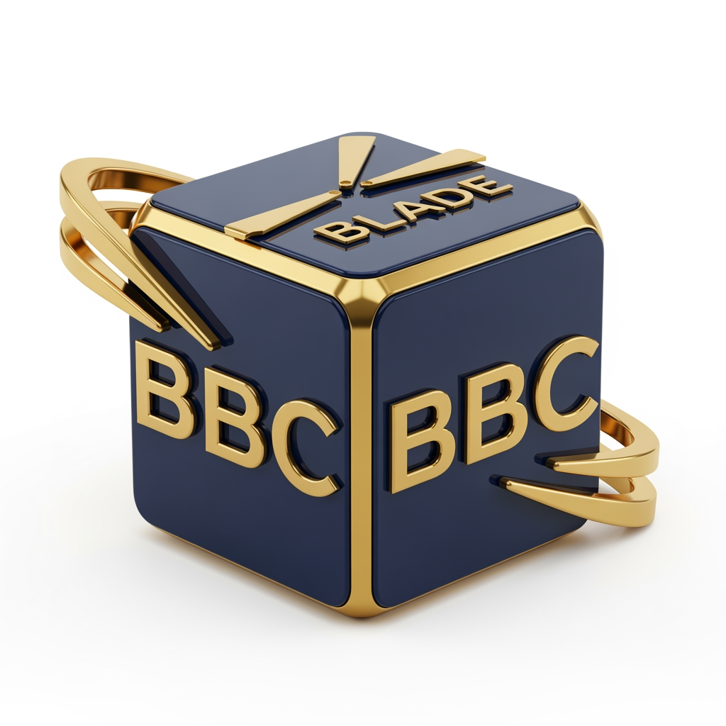 AI Design for Design a luxury 3D cube logo for BBC Bharat Blade Charters. The cube is navy blue with metallic gold edges. The letters BBC are integrated into different faces of the cube, while a rotor blade forms the top face and sleek jet-wing lines wrap around the sides. Glossy finish, realistic reflections, premium aviation branding, Fortune 500 quality, white background.