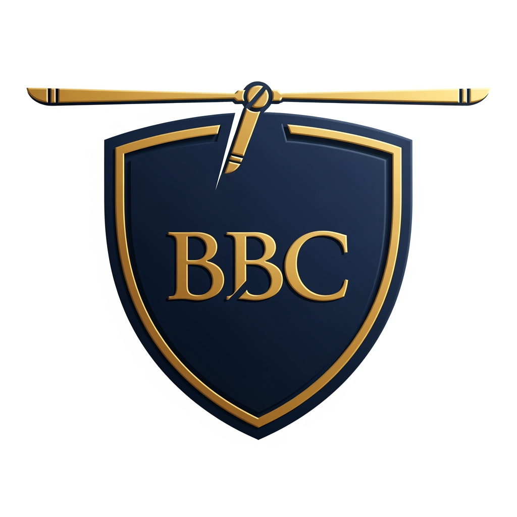 AI Design for Design an executive shield logo for BBC Bharat Blade Charters. The shield contains a stylized rotor blade at the top and elegant BBC initials in the center. Luxury gold detailing on deep navy blue, subtle 3D depth, premium charter aviation identity, trustworthy and prestigious appearance, clean vector design suitable for aircraft tails and uniforms.