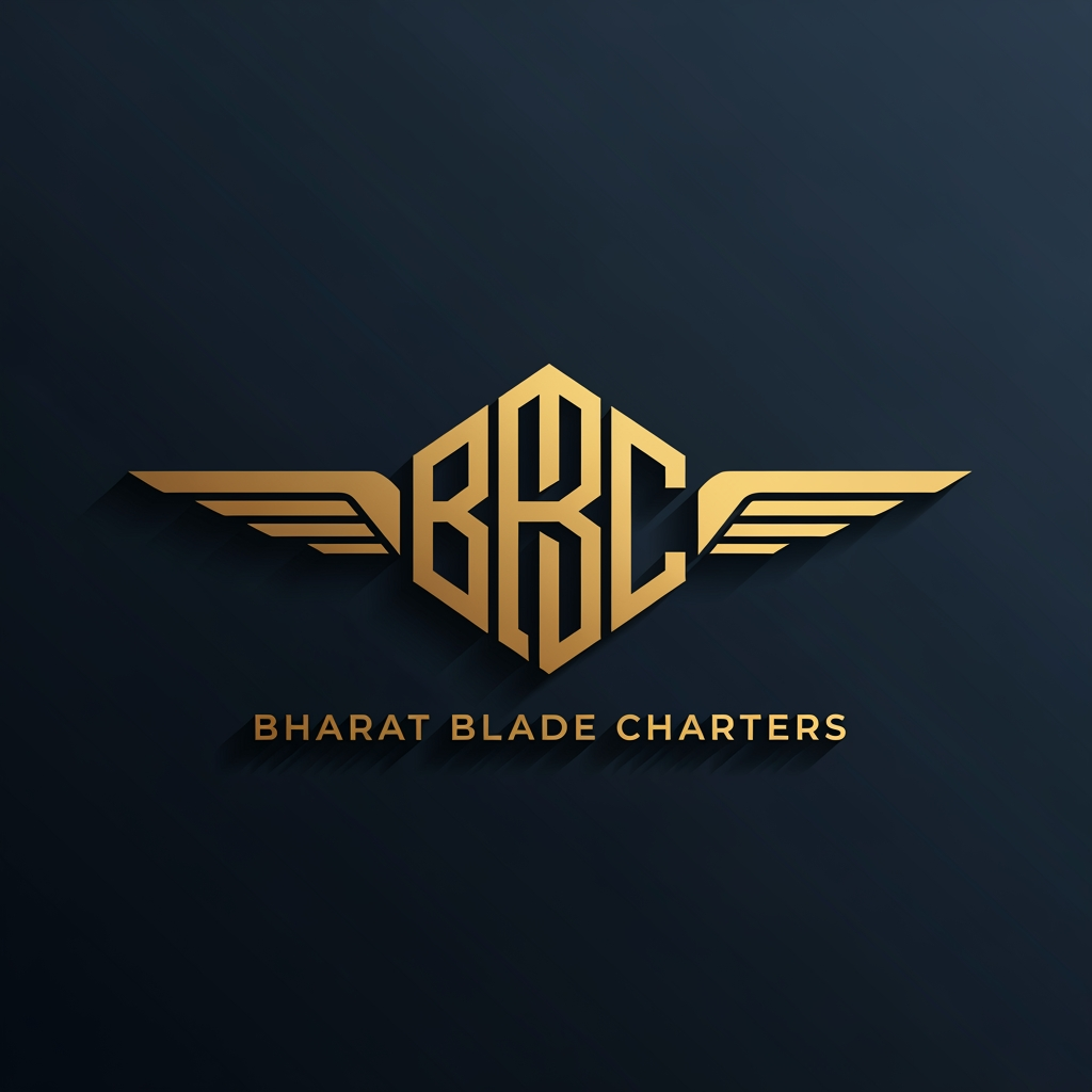 AI Design for Create a premium aviation logo where the letters BBC are fused into a single geometric monogram. Stylized jet wings extend from both sides of the monogram, creating a sense of speed and luxury. Navy blue, metallic gold, subtle shadows, minimalist design, corporate identity, high-end private aviation company branding, sharp vector artwork, elegant typography below reading "Bharat Blade Charters".
