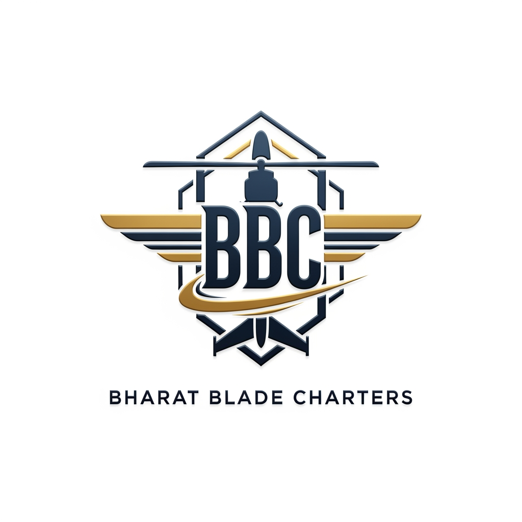 AI Design for Design a world-class luxury aviation logo for "BBC – Bharat Blade Charters", a premium helicopter and private jet charter company. Create a sophisticated emblem where the letters BBC are seamlessly integrated with helicopter rotor blades, jet wings, and subtle aviation-inspired geometry. The logo should convey speed, precision, safety, trust, innovation, and luxury. Use a deep navy blue and metallic gold color palette with a premium 3D metallic finish. Clean vector design, sharp edges, balanced symmetry, modern corporate branding, minimal yet powerful. Include the full company name "Bharat Blade Charters" beneath the emblem in an elegant sans-serif font. Suitable for aircraft livery, uniforms, websites, business cards, hangars, and luxury branding. Ultra-professional, Fortune 500 quality, high-end aviation identity, white background, realistic lighting, award-winning logo design.