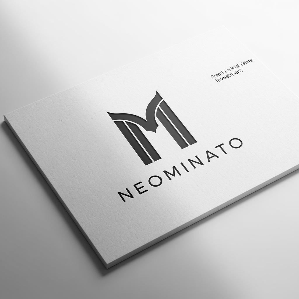 AI Design for Design a simple logo presentation board for a premium real estate and property brand named NEOMINATO.
The logo must be built around the letter M only.
Avoid all typical real-estate symbols such as:
houses
rooftops
buildings
skyscrapers
keys
handshakes
doors
windows
location pins
The brand should feel:
premium
modern
architectural
timeless
minimalist
wealthy
exclusive
luxury investment focused