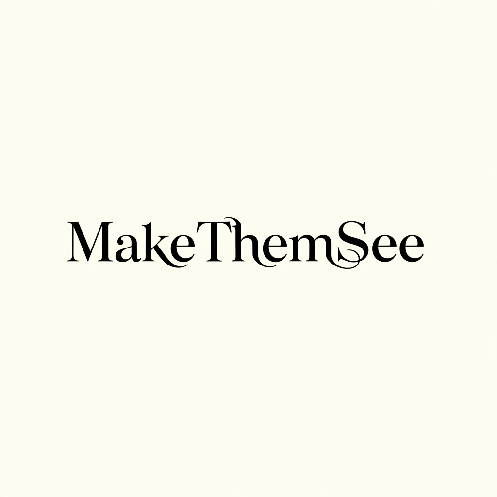 AI Design for Luxury wordmark logo for “MakeThemSee”, custom typography where all words are visually connected into a single elegant flow, refined kerning and letter merging, modern serif with fashion editorial style, subtle ligatures between letters, minimalist and timeless design, black and ivory color palette, high-end photography studio branding, clean vector logo, white background, premium and sophisticated identity