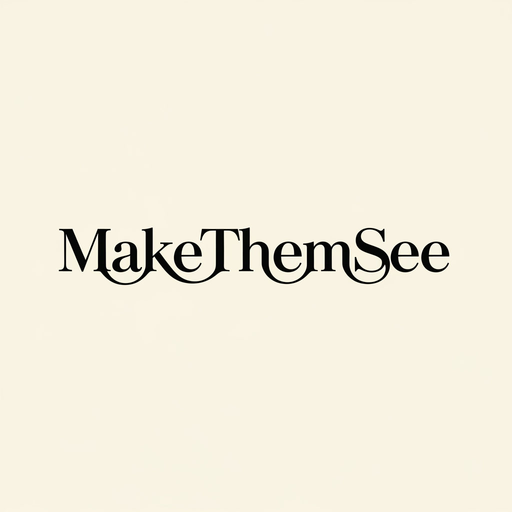 AI Design for Luxury wordmark logo for “MakeThemSee”, custom typography where all words are visually connected into a single elegant flow, refined kerning and letter merging, modern serif with fashion editorial style, subtle ligatures between letters, minimalist and timeless design, black and ivory color palette, high-end photography studio branding, clean vector logo, white background, premium and sophisticated identity