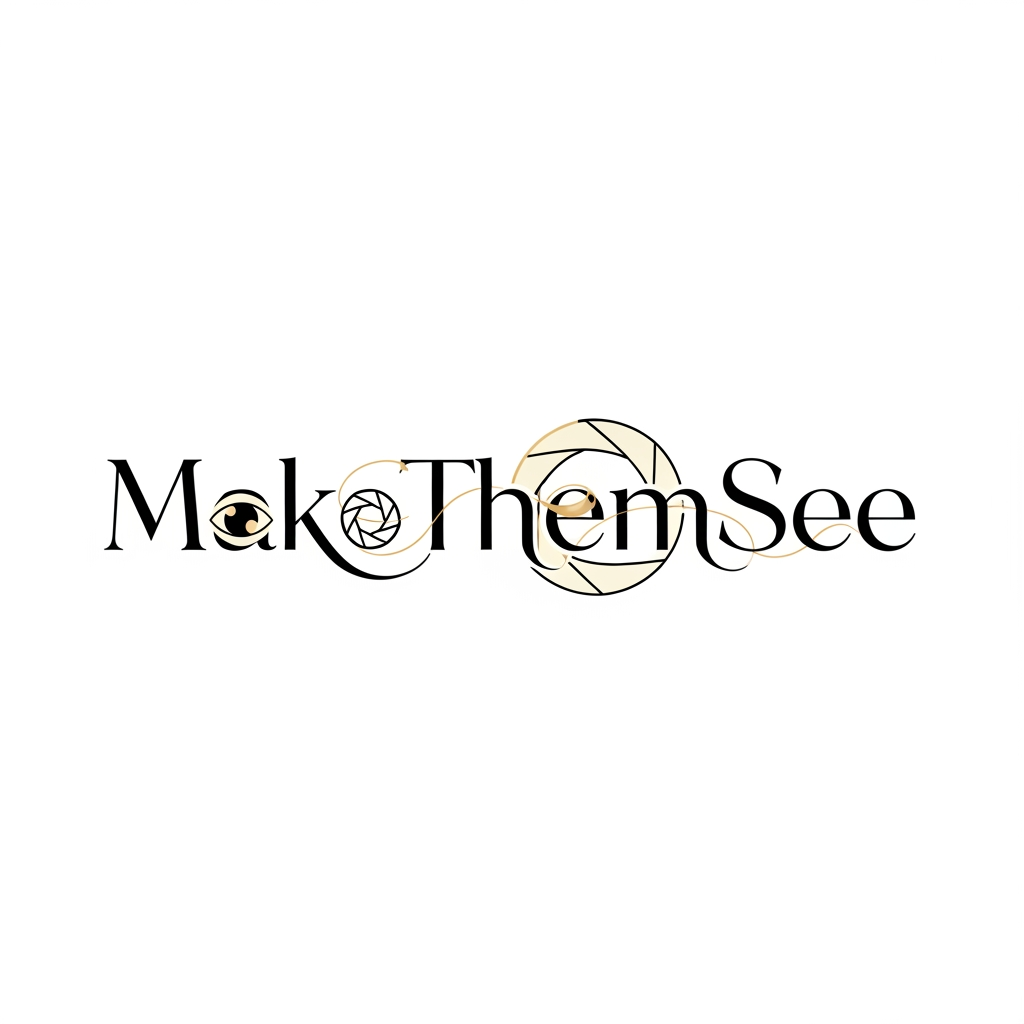 AI Design for Premium luxury logo for “MakeThemSee”, cinematic photography and film production brand, elegant connected wordmark integrated with a subtle camera aperture symbol, the letters form a seamless flow with refined ligatures, hidden eye motif inside typography, minimal but artistic composition, high fashion editorial style, black and ivory color palette with soft gold accent, inspired by luxury film studios and fashion houses, vector logo, white background, extremely refined and iconic identity
