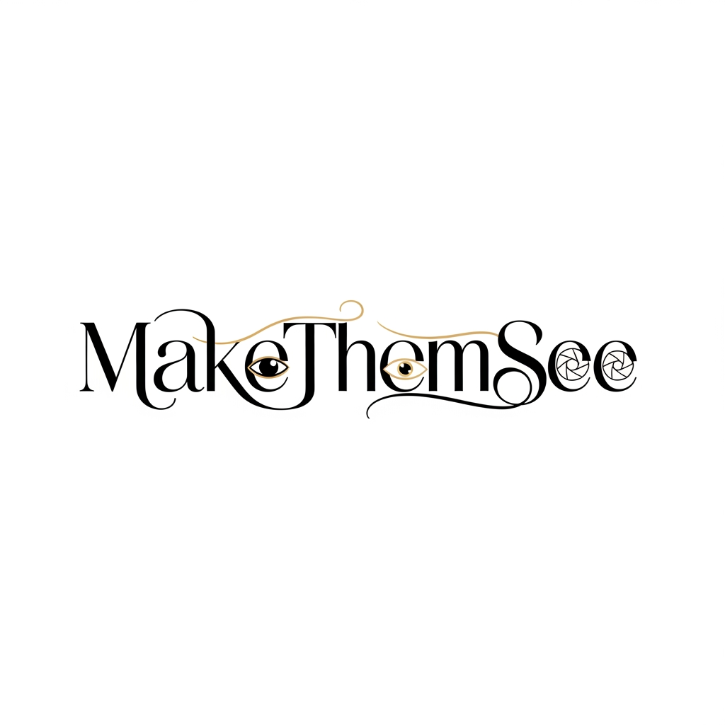 AI Design for Premium luxury logo for “MakeThemSee”, cinematic photography and film production brand, elegant connected wordmark integrated with a subtle camera aperture symbol, the letters form a seamless flow with refined ligatures, hidden eye motif inside typography, minimal but artistic composition, high fashion editorial style, black and ivory color palette with soft gold accent, inspired by luxury film studios and fashion houses, vector logo, white background, extremely refined and iconic identity