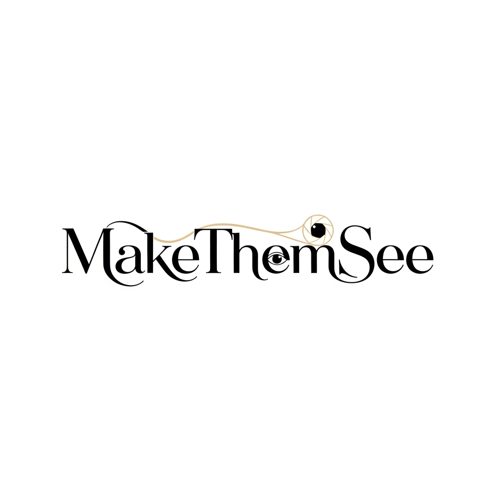 AI Design for Premium luxury logo for “MakeThemSee”, cinematic photography and film production brand, elegant connected wordmark integrated with a subtle camera aperture symbol, the letters form a seamless flow with refined ligatures, hidden eye motif inside typography, minimal but artistic composition, high fashion editorial style, black and ivory color palette with soft gold accent, inspired by luxury film studios and fashion houses, vector logo, white background, extremely refined and iconic identity
