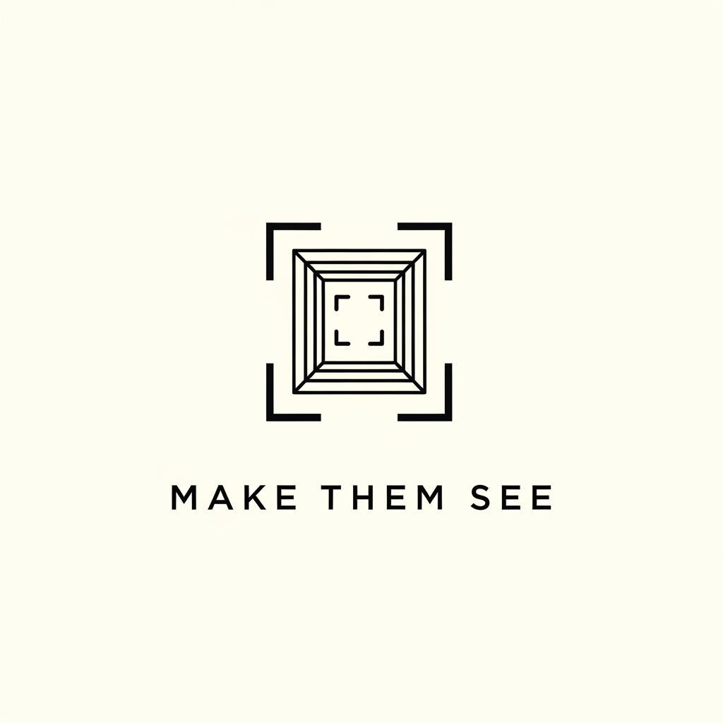 AI Design for Design a luxury minimalist logo for MAKE THEM SEE.

Create a sophisticated abstract symbol inspired by perspective, framing, and visual storytelling.

The icon should resemble a subtle viewing frame or converging lines that draw attention to a focal point, representing the idea of making people notice what matters.

No camera icons, no lenses, no film reels, no initials.

Elegant, timeless, premium, and highly memorable.

Inspired by luxury creative agencies, fashion campaigns, and cinematic production studios.

Black and ivory color palette, clean vector artwork, Swiss design influence, white background, award-winning logo design.