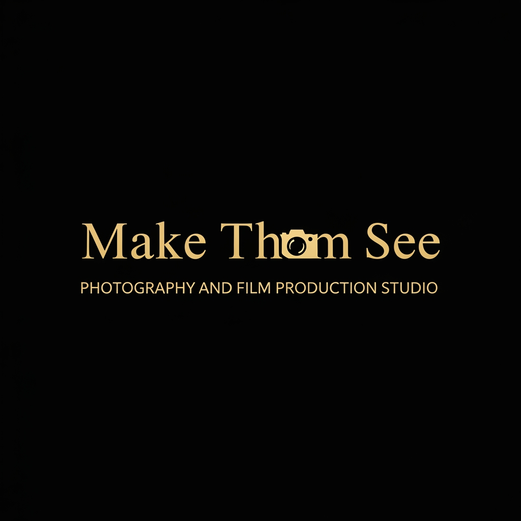 AI Design for Clean modern classic logo for “Make Them See”, photography and film production studio, balanced serif and sans-serif typography, subtle luxury feel, minimal camera icon hidden in negative space, soft gold accent on black background, premium branding identity, elegant and understated vector logo