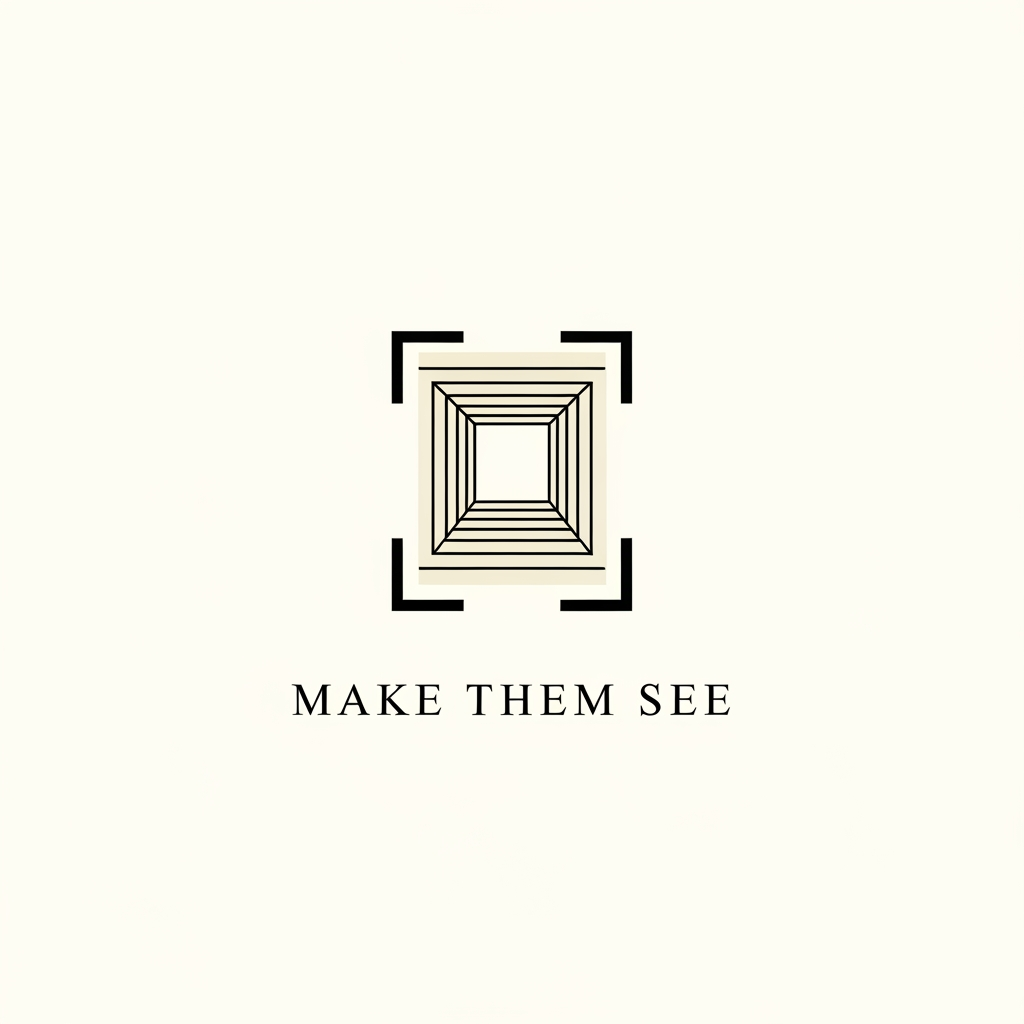 AI Design for Design a luxury minimalist logo for MAKE THEM SEE.

Create a sophisticated abstract symbol inspired by perspective, framing, and visual storytelling.

The icon should resemble a subtle viewing frame or converging lines that draw attention to a focal point, representing the idea of making people notice what matters.

No camera icons, no lenses, no film reels, no initials.

Elegant, timeless, premium, and highly memorable.

Inspired by luxury creative agencies, fashion campaigns, and cinematic production studios.

Black and ivory color palette, clean vector artwork, Swiss design influence, white background, award-winning logo design.