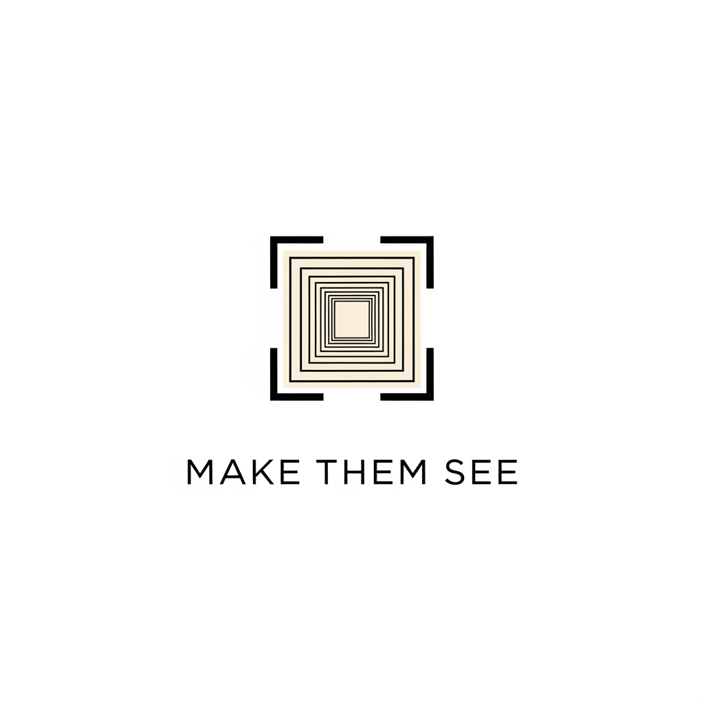 AI Design for Design a luxury minimalist logo for MAKE THEM SEE.

Create a sophisticated abstract symbol inspired by perspective, framing, and visual storytelling.

The icon should resemble a subtle viewing frame or converging lines that draw attention to a focal point, representing the idea of making people notice what matters.

No camera icons, no lenses, no film reels, no initials.

Elegant, timeless, premium, and highly memorable.

Inspired by luxury creative agencies, fashion campaigns, and cinematic production studios.

Black and ivory color palette, clean vector artwork, Swiss design influence, white background, award-winning logo design.