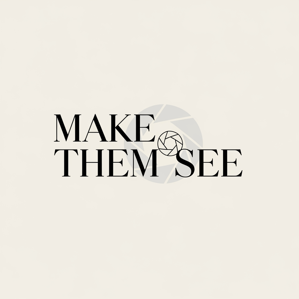 AI Design for Premium editorial logo design for “Make Them See”, fashion photography and creative studio, Vogue-inspired minimal branding, elegant serif typography with thin spacing, subtle camera aperture integrated discreetly, black and soft neutral tones, high-fashion luxury identity, clean vector logo, timeless and classy composition