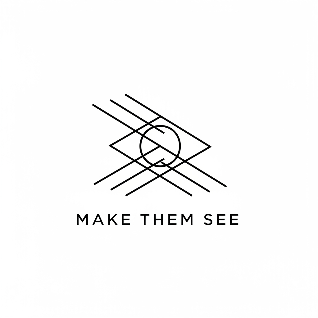 AI Design for Design a luxury minimalist logo for MAKE THEM SEE.

Create a unique geometric symbol using only 2–4 clean lines that converge toward a focal point, representing perspective and visual direction.

No camera icon.
No lens icon.
No eye icon.
No film reel.
No initials.

Style: luxury, minimal, timeless, architectural.

Black vector logo on white background.
Clean spacing.
Swiss design aesthetic.
Suitable for a premium creative studio.