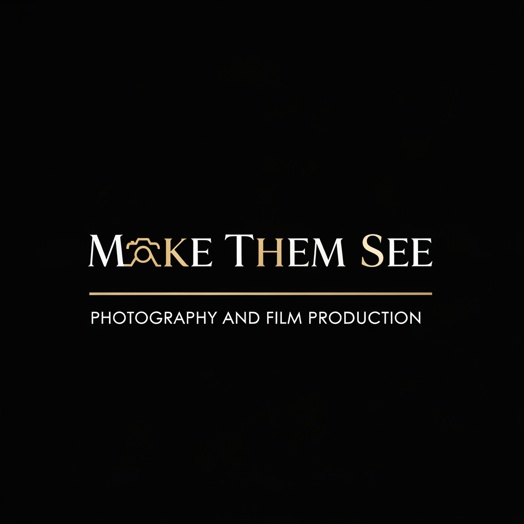 AI Design for Clean modern classic logo for “Make Them See”, photography and film production studio, balanced serif and sans-serif typography, subtle luxury feel, minimal camera icon hidden in negative space, soft gold accent on black background, premium branding identity, elegant and understated vector logo