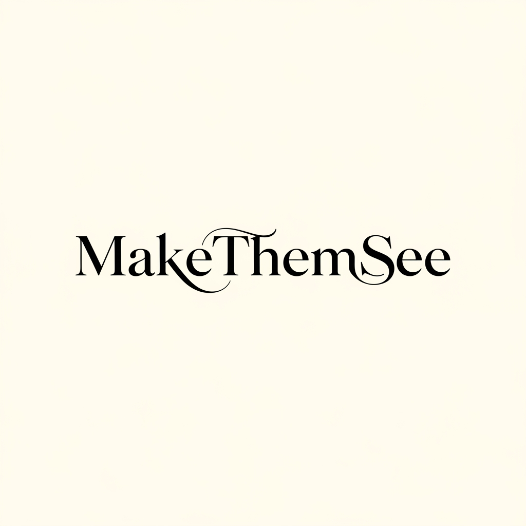 AI Design for Luxury wordmark logo for “MakeThemSee”, custom typography where all words are visually connected into a single elegant flow, refined kerning and letter merging, modern serif with fashion editorial style, subtle ligatures between letters, minimalist and timeless design, black and ivory color palette, high-end photography studio branding, clean vector logo, white background, premium and sophisticated identity
