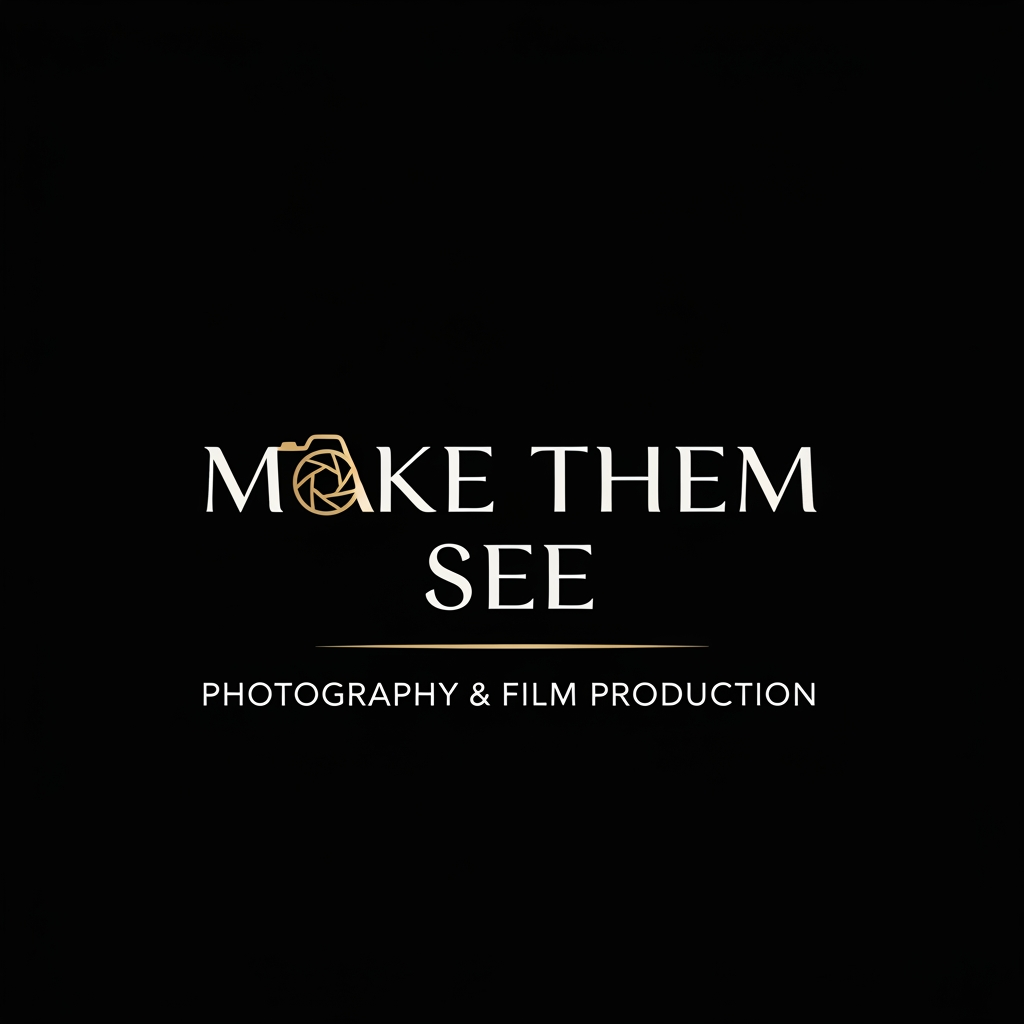 AI Design for Clean modern classic logo for “Make Them See”, photography and film production studio, balanced serif and sans-serif typography, subtle luxury feel, minimal camera icon hidden in negative space, soft gold accent on black background, premium branding identity, elegant and understated vector logo