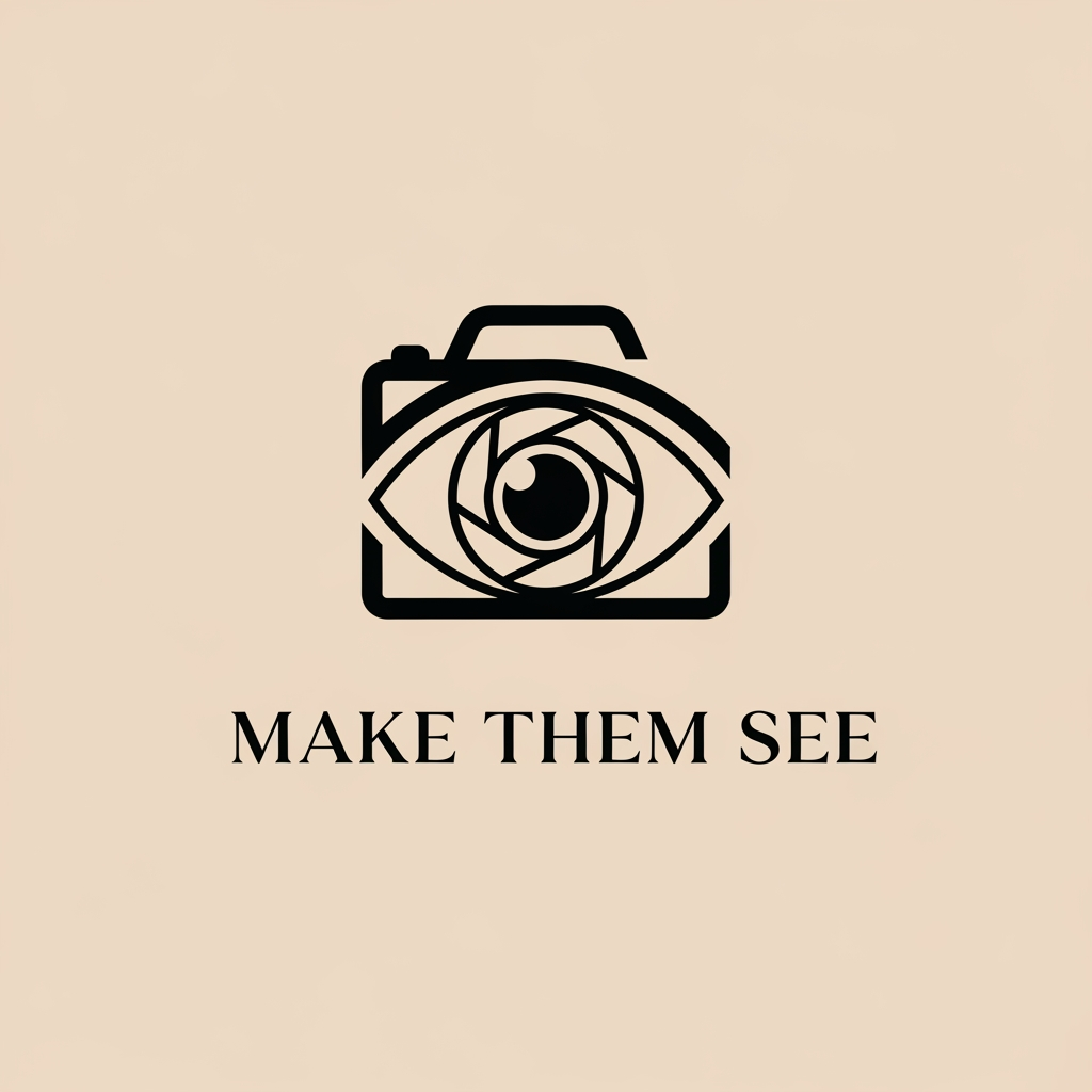 AI Design for Minimal premium logo for “Make Them See”, elegant symbol combining eye and camera lens in abstract form, refined modern serif typography, luxury fashion studio identity, balanced composition, black and soft beige color palette, clean vector logo, timeless branding, high-end creative studio look