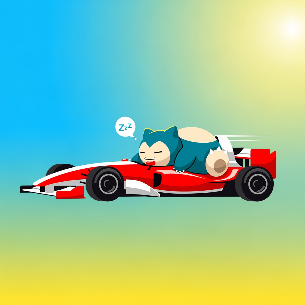 AI Design for I want you to create a logo for my YouTube channel. I want the logo to be like a 2D drawing of an F1 car and I also want the pokemon Snorlax to be in 2D. I also want everything to be 2D. I want the background to have color.