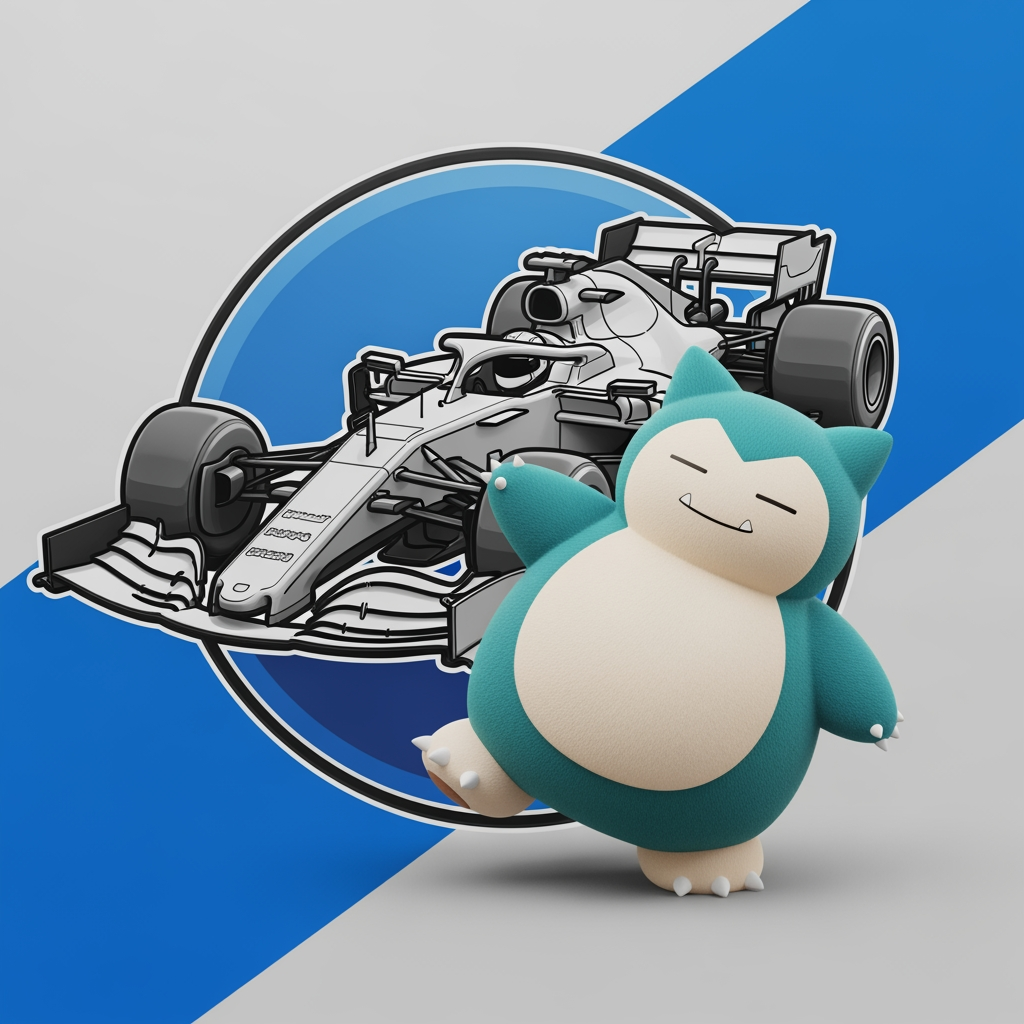 AI Design for I want you to create a logo for my YouTube channel. I want the logo to be like a 2D drawing of an F1 car and I also want the pokemon Snorlax to be in 3D. I also want everything to be 3D. I want the background to have color and the background to have a blue stripe