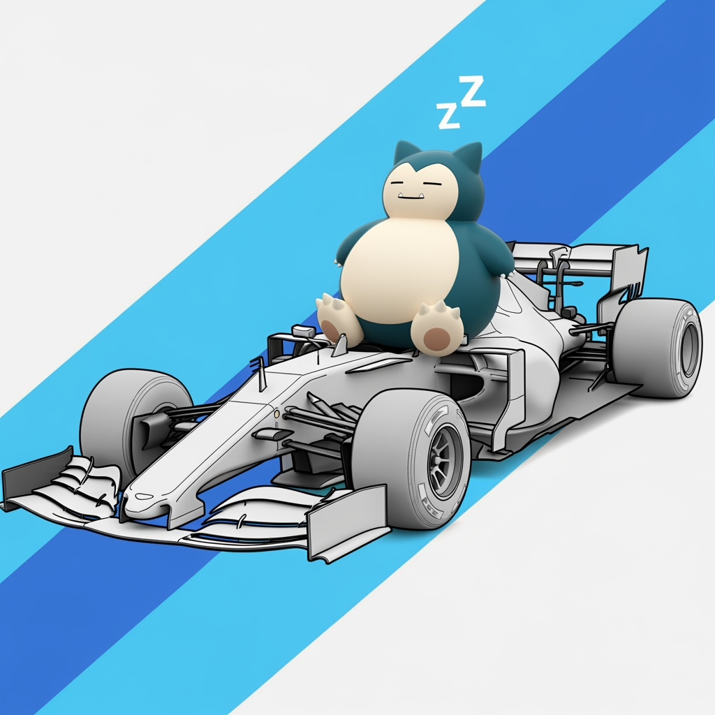 AI Design for I want you to create a logo for my YouTube channel. I want the logo to be like a 2D drawing of an F1 car and I also want the pokemon Snorlax to be in 3D. I also want everything to be 3D. I want the background to have color and the background to have a blue stripe