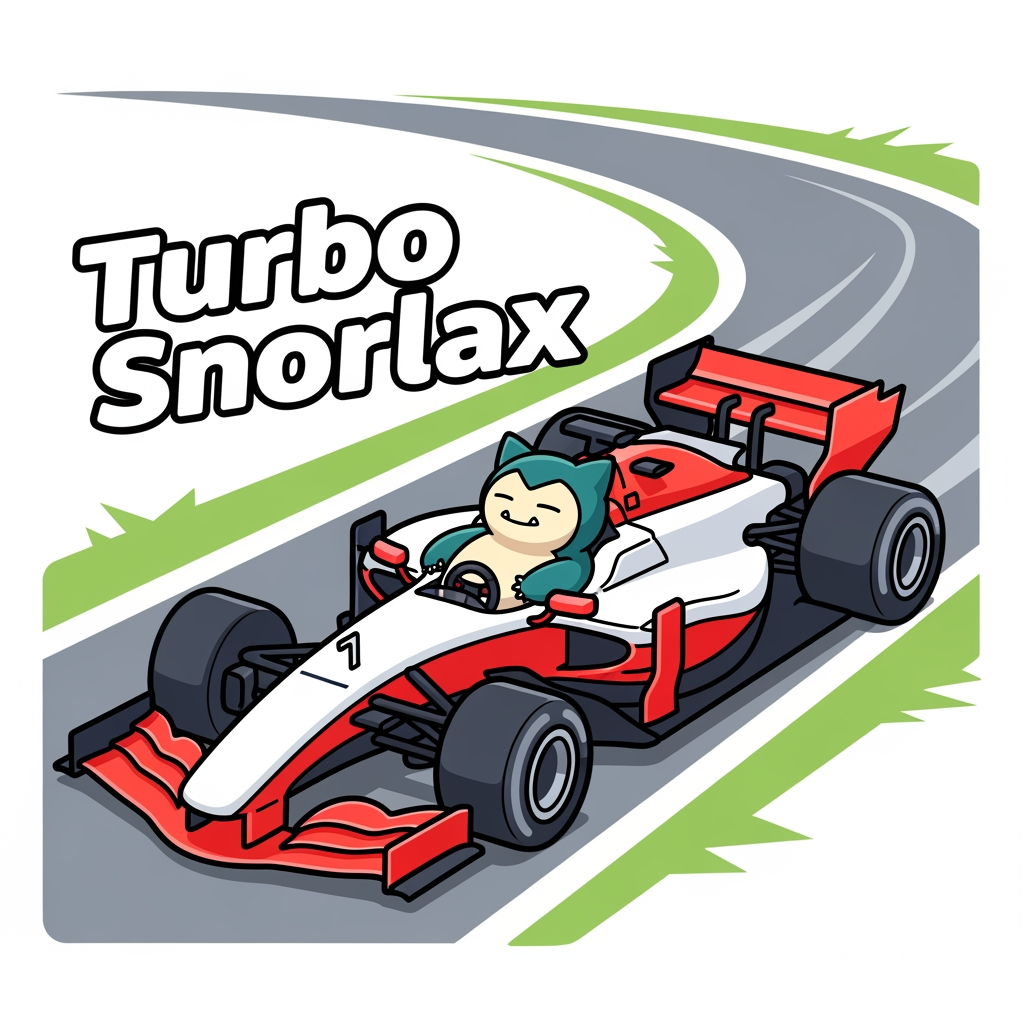 AI Design for I want you to create a logo for my YouTube channel. I want the logo to be like a 2D drawing of an F1 car and I also want the pokemon Snorlax to be in 2D as well.