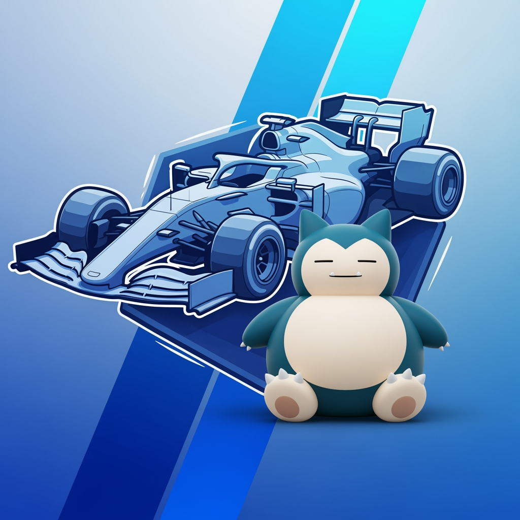 AI Design for I want you to create a logo for my YouTube channel. I want the logo to be like a 2D drawing of an F1 car and I also want the pokemon Snorlax to be in 3D. I also want everything to be 3D. I want the background to have color and the background to have a blue stripe