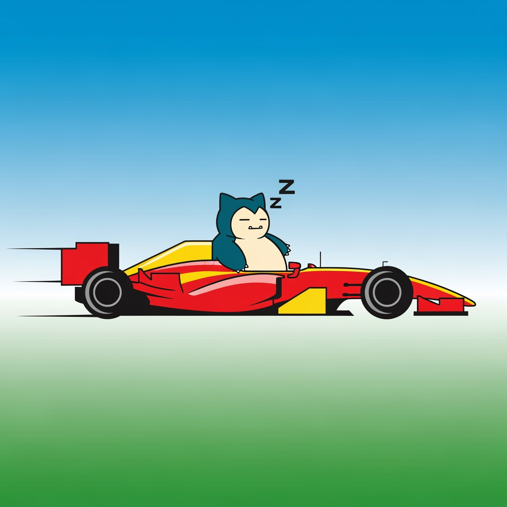 AI Design for I want you to create a logo for my YouTube channel. I want the logo to be like a 2D drawing of an F1 car and I also want the pokemon Snorlax to be in 2D. I also want everything to be 2D. I want the background to have color.