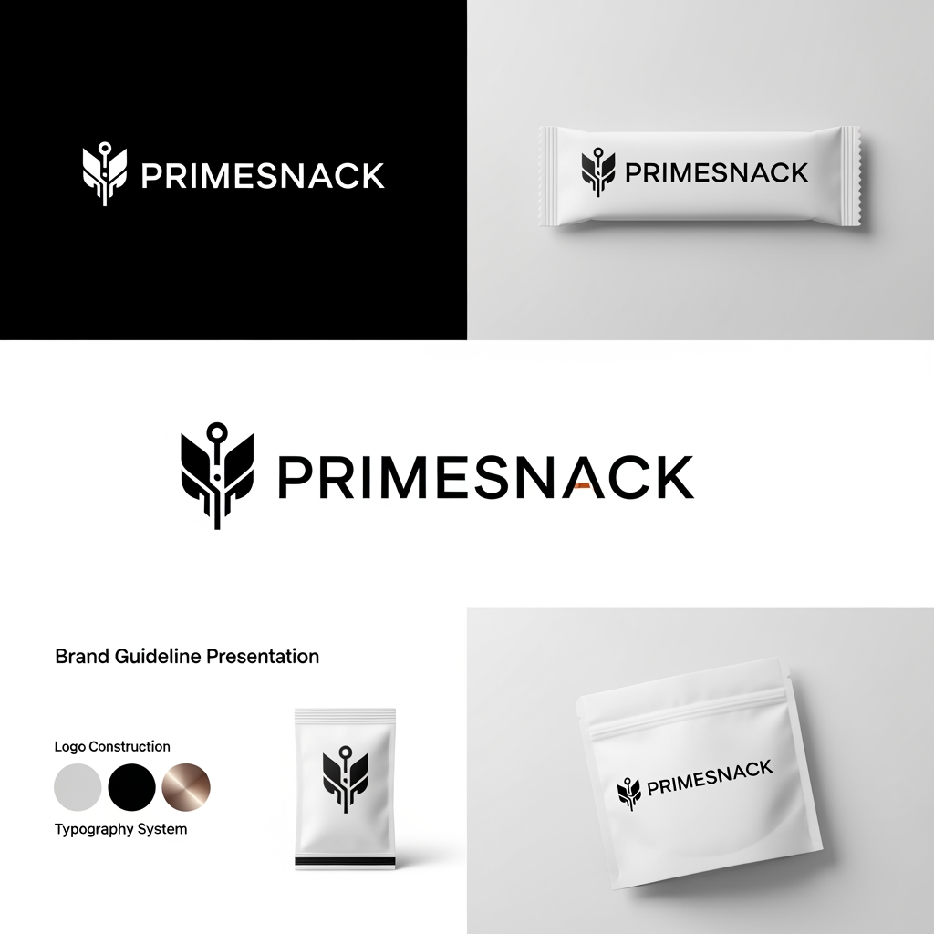 AI Design for Create a world-class brand identity for PRIMESNACK, a future-focused healthy snack and smart nutrition company. The logo should feel like the Nike, Apple, or Tesla of functional nutrition. Develop a sophisticated symbol and typography system that communicates trust, premium quality, performance, innovation, and long-term brand leadership. Minimal geometric construction, strategic negative space, highly memorable silhouette, timeless corporate branding, luxury consumer goods aesthetic, scalable vector logo, professional identity presentation, monochrome version, packaging mockup, brand guideline showcase, award-winning branding case study, Pentagram-level design quality, Behance featured project.