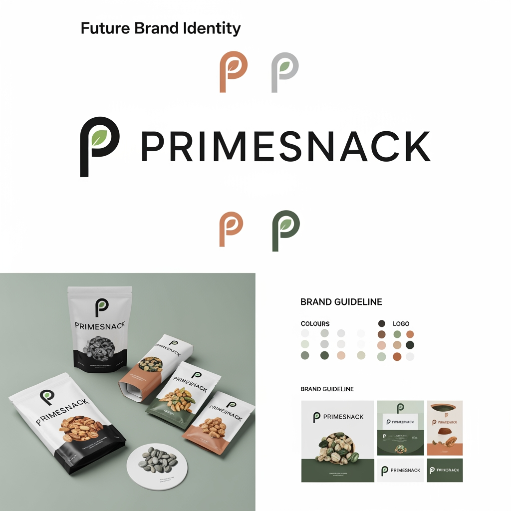 AI Design for Create a world-class brand identity for PRIMESNACK, a future-focused healthy snack and smart nutrition company. The logo should feel like the Nike, Apple, or Tesla of functional nutrition. Develop a sophisticated symbol and typography system that communicates trust, premium quality, performance, innovation, and long-term brand leadership. Minimal geometric construction, strategic negative space, highly memorable silhouette, timeless corporate branding, luxury consumer goods aesthetic, scalable vector logo, professional identity presentation, monochrome version, packaging mockup, brand guideline showcase, award-winning branding case study, Pentagram-level design quality, Behance featured project.