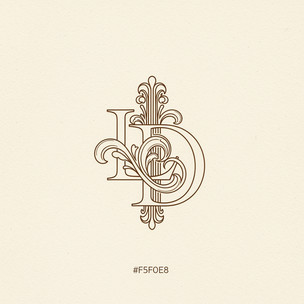 AI Design for Luxury intertwined monogram logo letters "L" and "D", elegant interlocked serif letterforms,
thin stroke calligraphic style, Art Nouveau inspired, delicate flourishes and swashes,
letters overlap and weave through each other organically, warm brown #8B4513 ink on
cream/ivory #F5F0E8 textured background, wedding brand aesthetic, hand-lettered feel
with precision, ultra refined, minimal ornamental details, no color fill only outlines,
single composition centered, studio by-k style monogram explorations,
high fashion luxury brand mark --ar 1:1 --style raw --v 6 --q 2