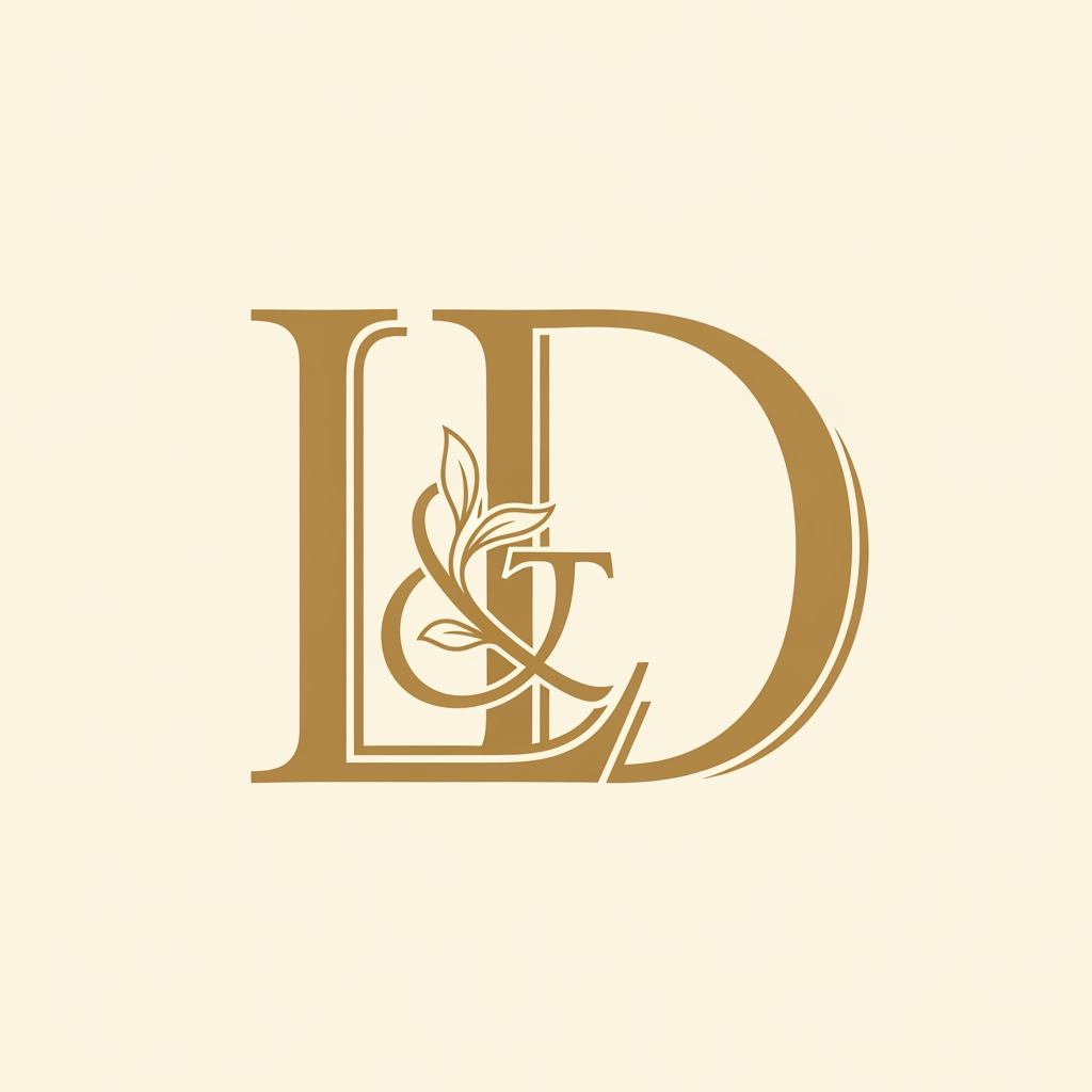 AI Design for Create an interlocked monogram of letters "L" and "D" in elegant serif style.
Letters should interweave — sharing curves and strokes naturally.
Style reference: classic wedding monogram, thin calligraphic lines,
Art Nouveau flourishes. Warm gold color, ivory background.
One small leaf detail integrated at letterform junction. Clean vector, no gradients.