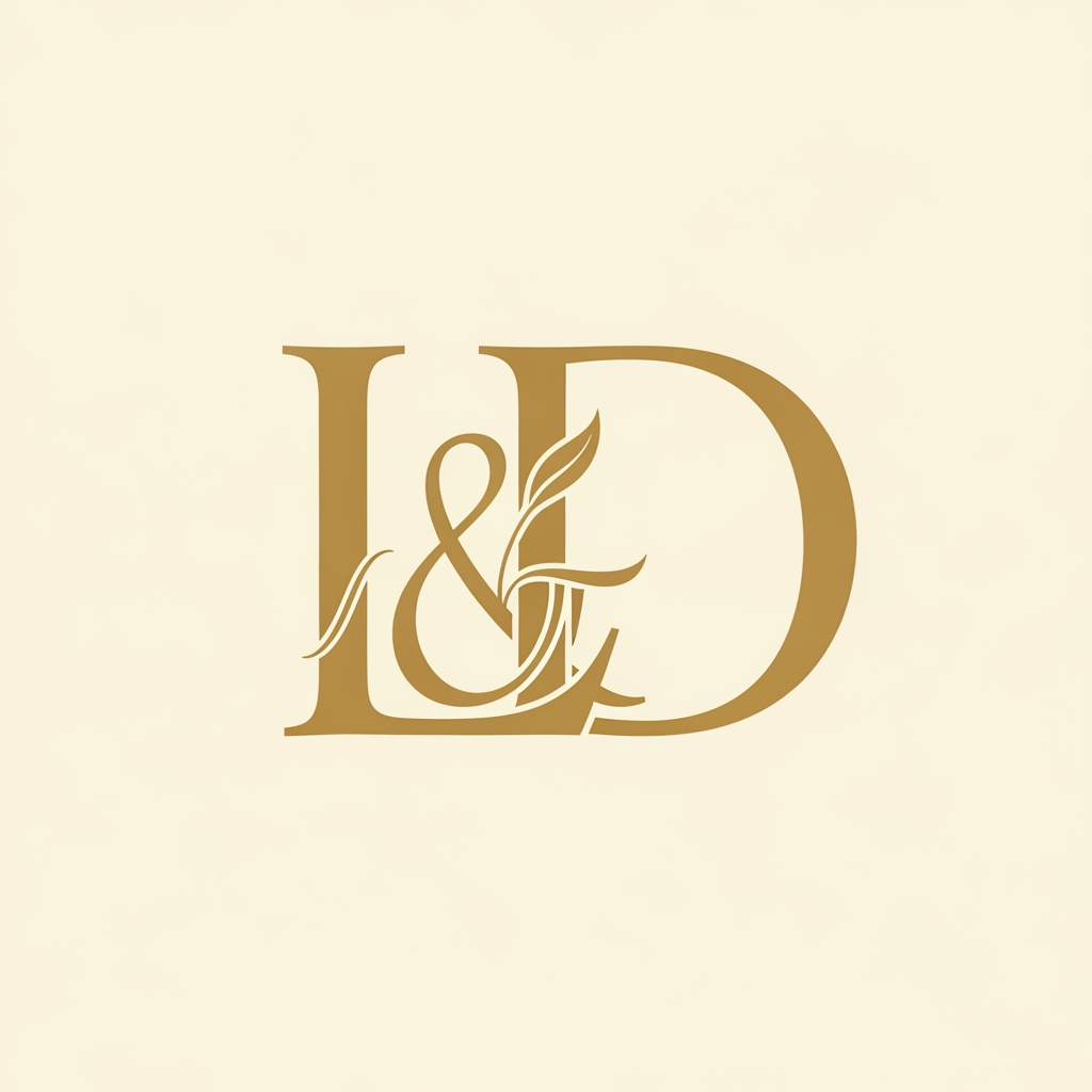 AI Design for Create an interlocked monogram of letters "L" and "D" in elegant serif style.
Letters should interweave — sharing curves and strokes naturally.
Style reference: classic wedding monogram, thin calligraphic lines,
Art Nouveau flourishes. Warm gold color, ivory background.
One small leaf detail integrated at letterform junction. Clean vector, no gradients.