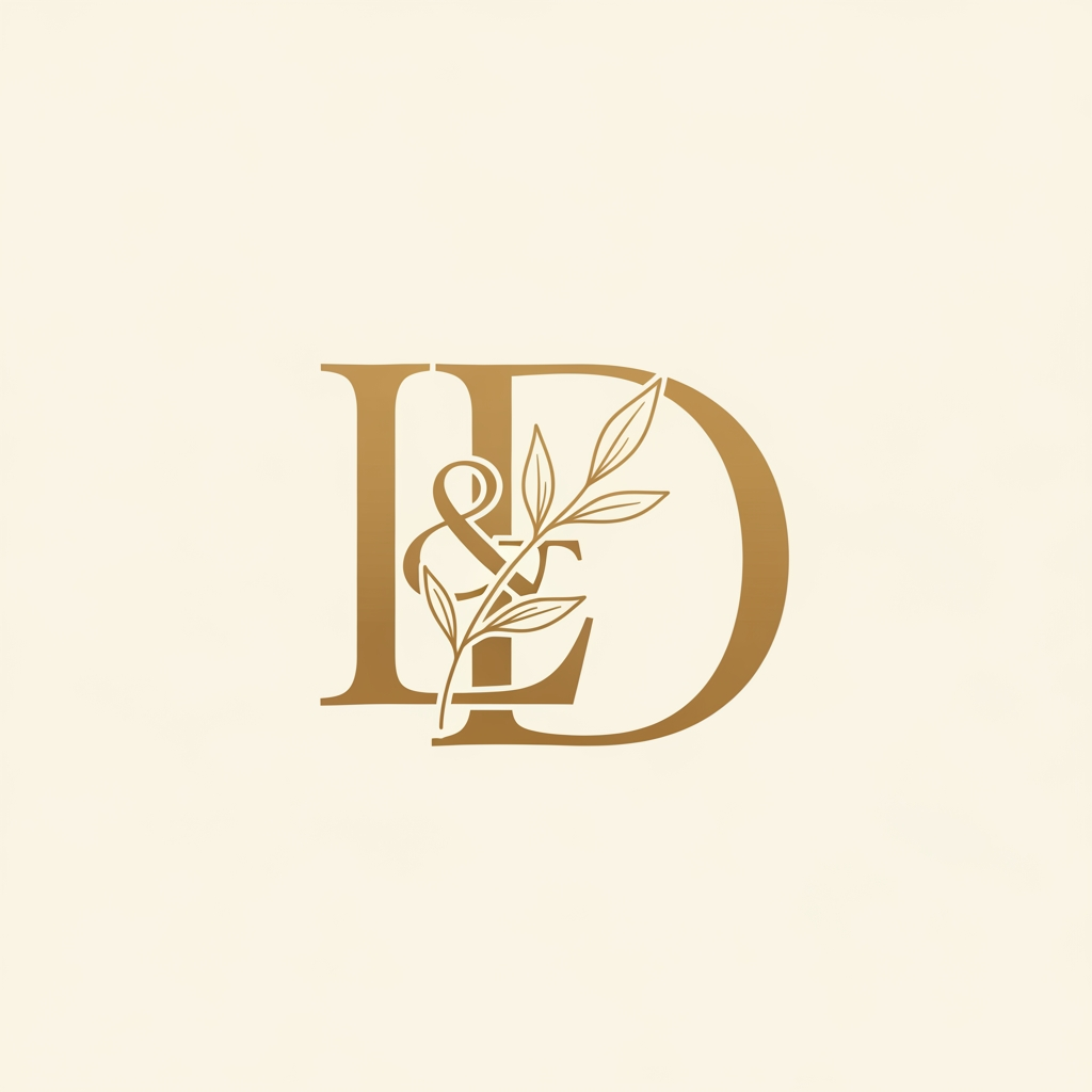 AI Design for Create a luxury monogram combining letters "L" and "D" for a wedding planning brand called Leafora Designs. Use thin elegant serif typography with intertwined letterforms. Add minimal botanical elements — a single delicate leaf with fine stem integrated into the letterforms. Warm gold color on ivory background. Ultra-minimal, high-end, timeless style. Clean vector aesthetic. No drop shadows, no gradients.