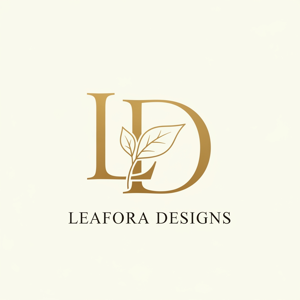 AI Design for Create a luxury monogram combining letters "L" and "D" for a wedding planning brand called Leafora Designs. Use thin elegant serif typography with intertwined letterforms. Add minimal botanical elements — a single delicate leaf with fine stem integrated into the letterforms. Warm gold color on ivory background. Ultra-minimal, high-end, timeless style. Clean vector aesthetic. No drop shadows, no gradients.
