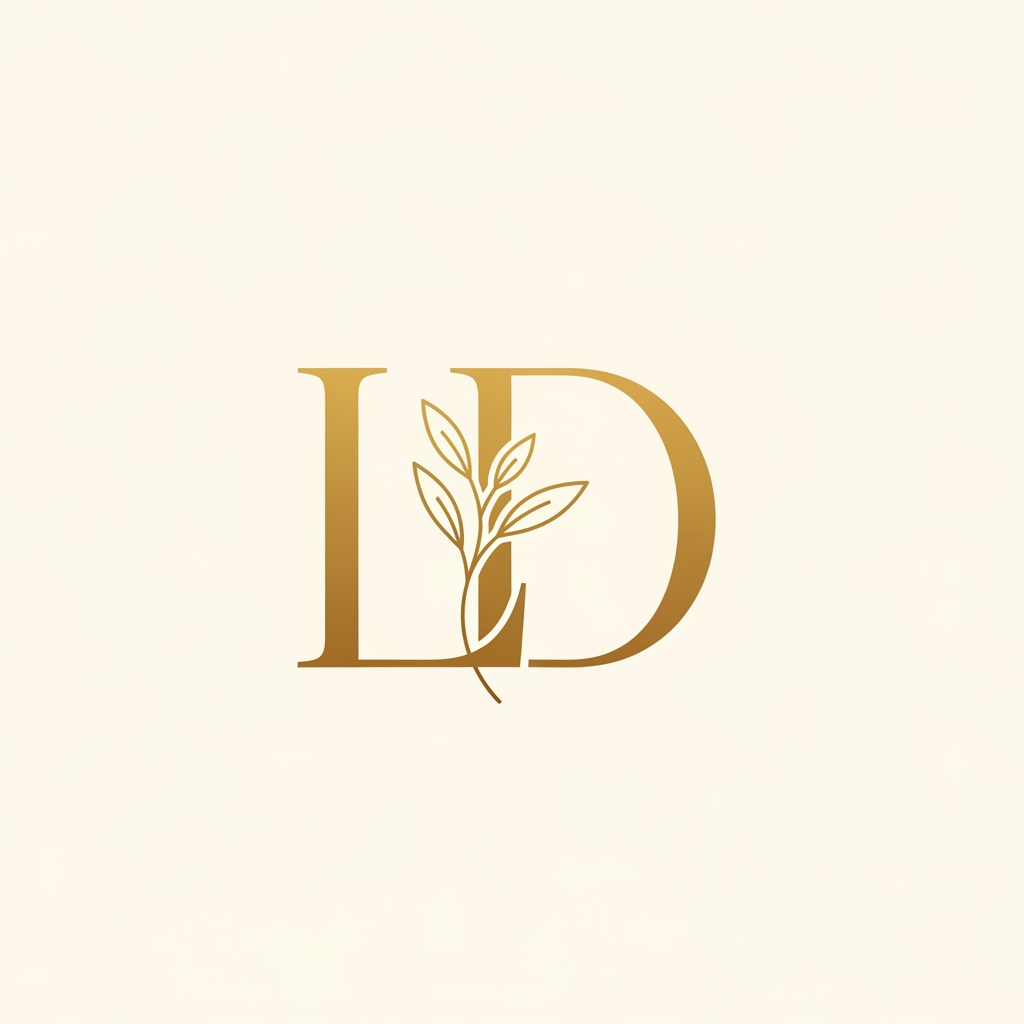 AI Design for A luxury wedding brand monogram logo featuring the letters "L" and "D" elegantly intertwined. Serif font style, thin stroke, gold color #D4AF70 on clean ivory white background. Subtle botanical leaf element integrated into the design — one small delicate leaf growing from the letter junction. Minimalist Art Deco aesthetic. Square format, no text, no tagline, vector illustration style, white background.