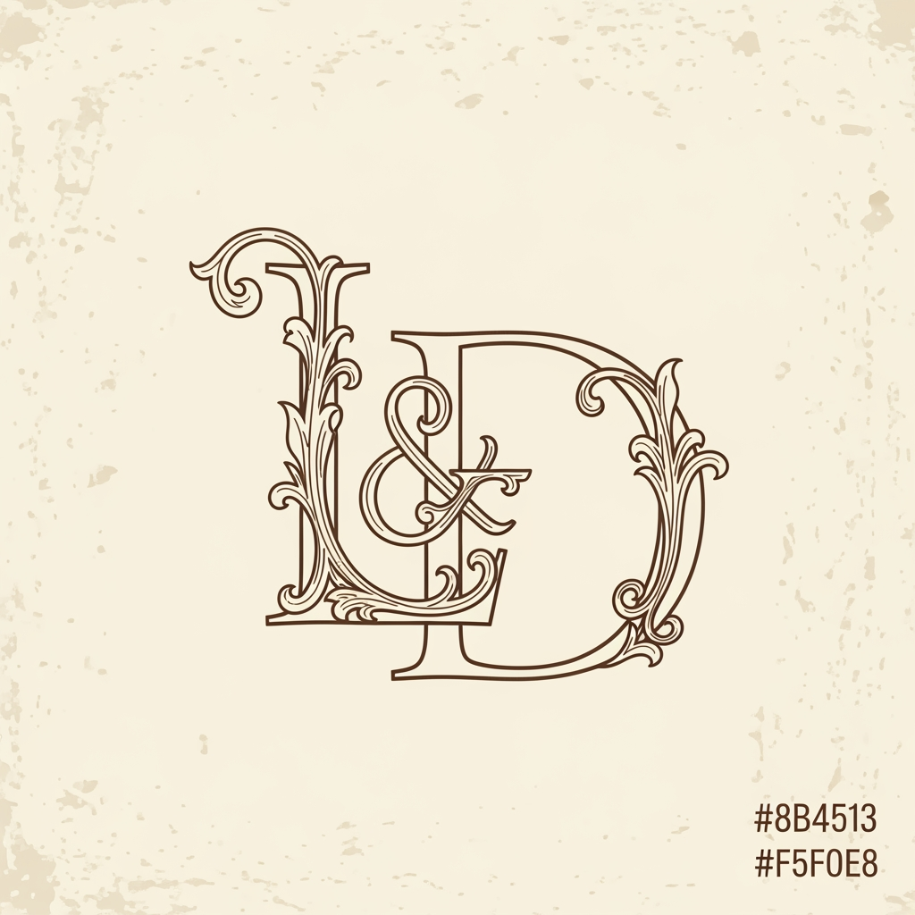 AI Design for Luxury intertwined monogram logo letters "L" and "D", elegant interlocked serif letterforms,
thin stroke calligraphic style, Art Nouveau inspired, delicate flourishes and swashes,
letters overlap and weave through each other organically, warm brown #8B4513 ink on
cream/ivory #F5F0E8 textured background, wedding brand aesthetic, hand-lettered feel
with precision, ultra refined, minimal ornamental details, no color fill only outlines,
single composition centered, studio by-k style monogram explorations,
high fashion luxury brand mark --ar 1:1 --style raw --v 6 --q 2